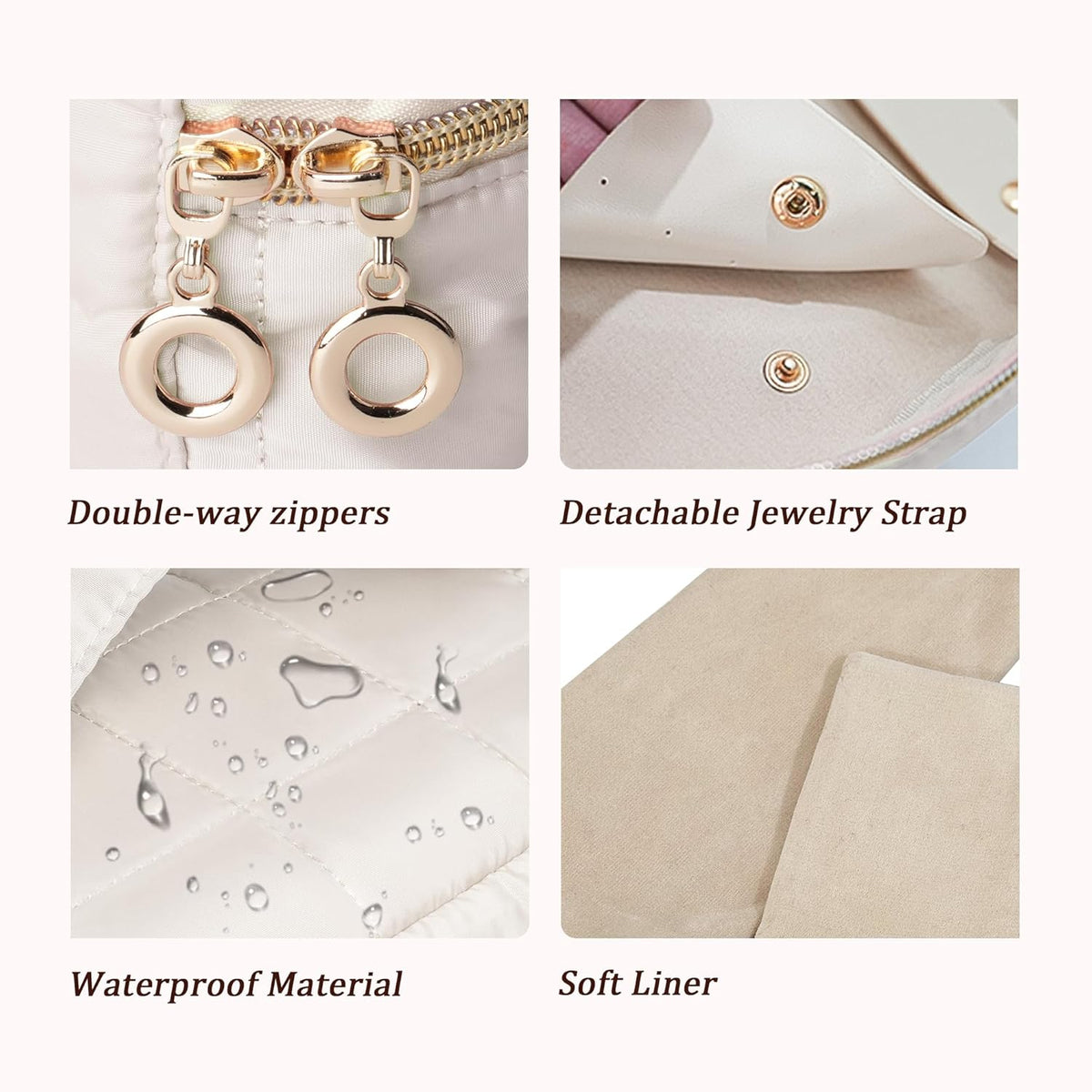 Travel Jewelry Case Organizer Jewelry Box with Velvet Pouches Mini Jewelry Organizers Storage for Women Small Cute Puffer Bags for Earrings,Rings,Necklaces,Bracelets (Beige, Large)