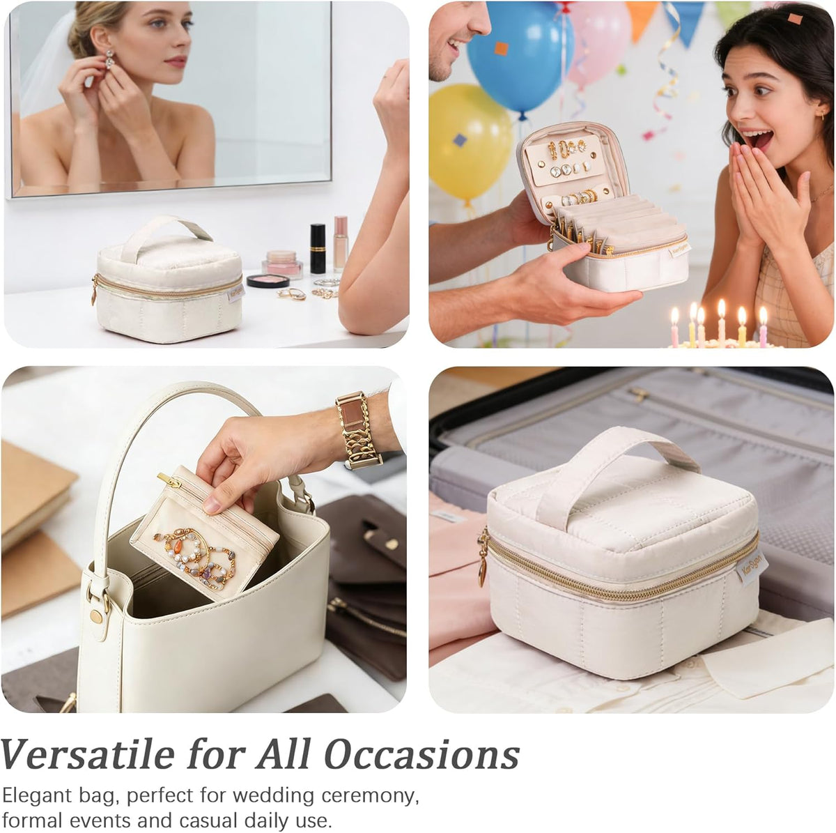 Travel Jewelry Case Organizer Jewelry Box with Velvet Pouches Mini Jewelry Organizers Storage for Women Small Cute Puffer Bags for Earrings,Rings,Necklaces,Bracelets (Beige, Large)