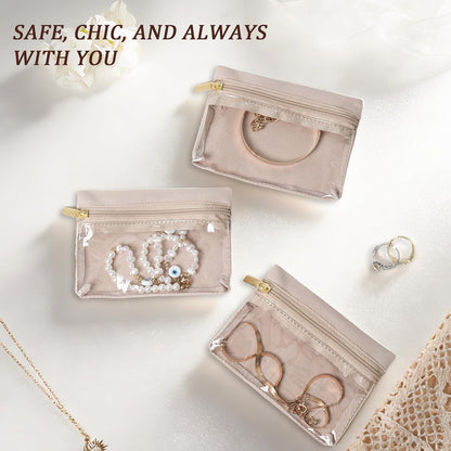 Travel Jewelry Case Organizer Jewelry Box with Velvet Pouches Mini Jewelry Organizers Storage for Women Small Cute Puffer Bags for Earrings,Rings,Necklaces,Bracelets (Beige, Large)