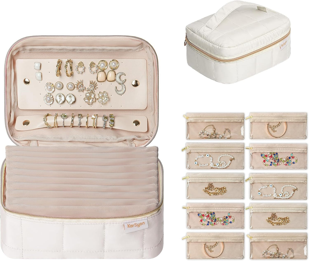 Travel Jewelry Case Organizer Jewelry Box with Velvet Pouches Mini Jewelry Organizers Storage for Women Small Cute Puffer Bags for Earrings,Rings,Necklaces,Bracelets (Beige, Large)