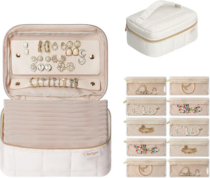 Travel Jewelry Case Organizer Jewelry Box with Velvet Pouches Mini Jewelry Organizers Storage for Women Small Cute Puffer Bags for Earrings,Rings,Necklaces,Bracelets (Beige, Large)
