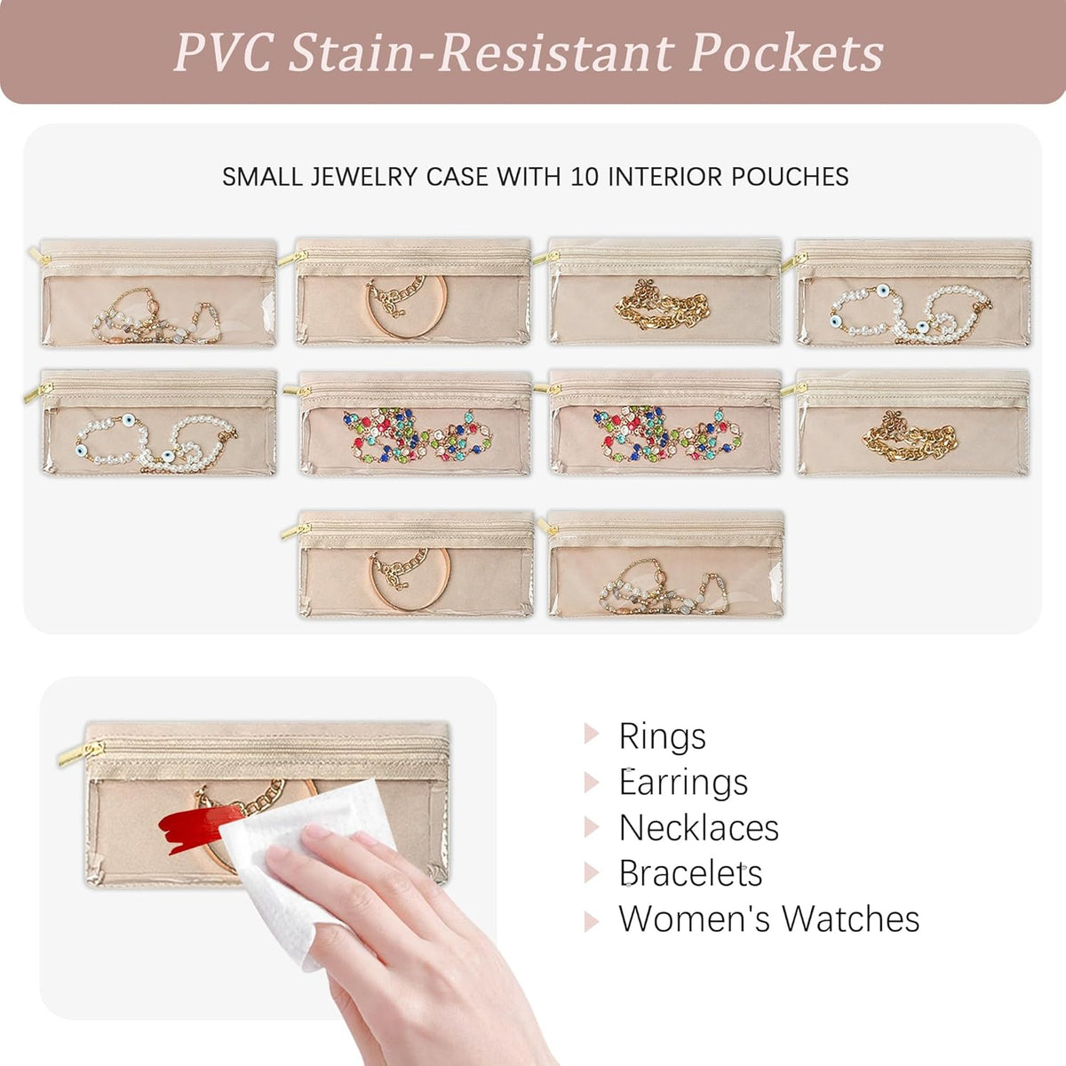 Travel Jewelry Case Organizer Jewelry Box with Velvet Pouches Mini Jewelry Organizers Storage for Women Small Cute Puffer Bags for Earrings,Rings,Necklaces,Bracelets (Beige, Large)