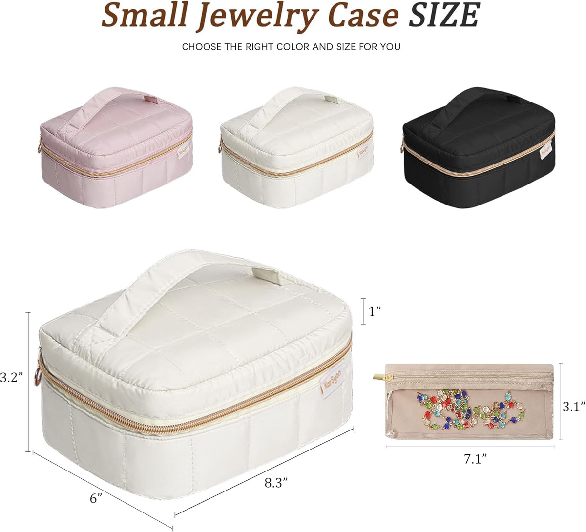 Travel Jewelry Case Organizer Jewelry Box with Velvet Pouches Mini Jewelry Organizers Storage for Women Small Cute Puffer Bags for Earrings,Rings,Necklaces,Bracelets (Beige, Large)