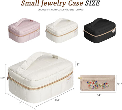 Travel Jewelry Case Organizer Jewelry Box with Velvet Pouches Mini Jewelry Organizers Storage for Women Small Cute Puffer Bags for Earrings,Rings,Necklaces,Bracelets (Beige, Large)