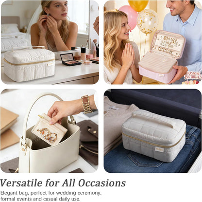 Travel Jewelry Case Organizer Jewelry Box with Velvet Pouches Mini Jewelry Organizers Storage for Women Small Cute Puffer Bags for Earrings,Rings,Necklaces,Bracelets (Beige, Large)