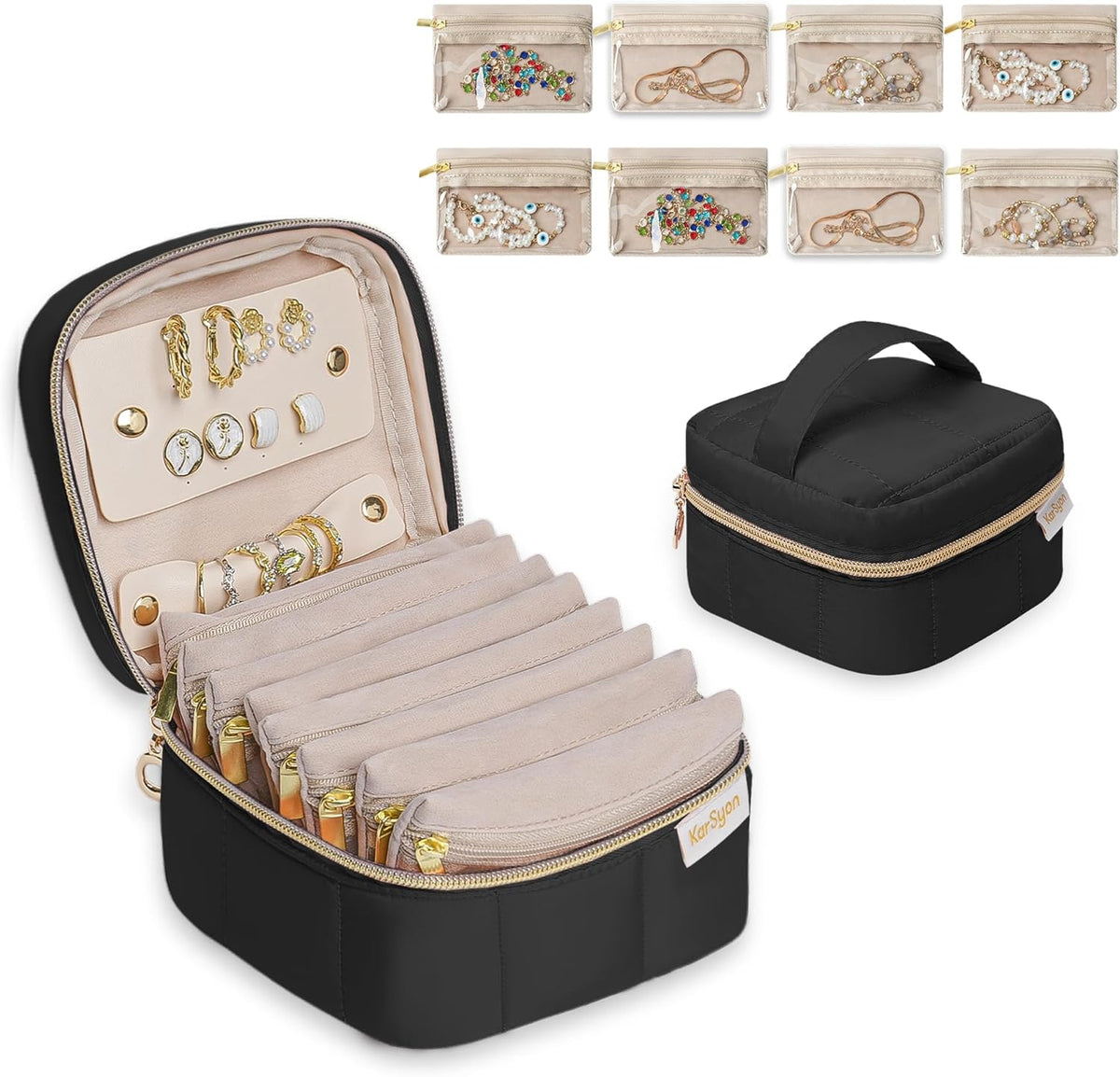 Travel Jewelry Case Organizer Jewelry Box with Velvet Pouches Mini Jewelry Organizers Storage for Women Small Cute Puffer Bags for Earrings,Rings,Necklaces,Bracelets (Beige, Large)