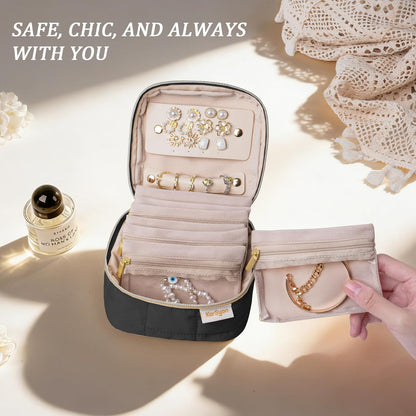 Travel Jewelry Case Organizer Jewelry Box with Velvet Pouches Mini Jewelry Organizers Storage for Women Small Cute Puffer Bags for Earrings,Rings,Necklaces,Bracelets (Beige, Large)