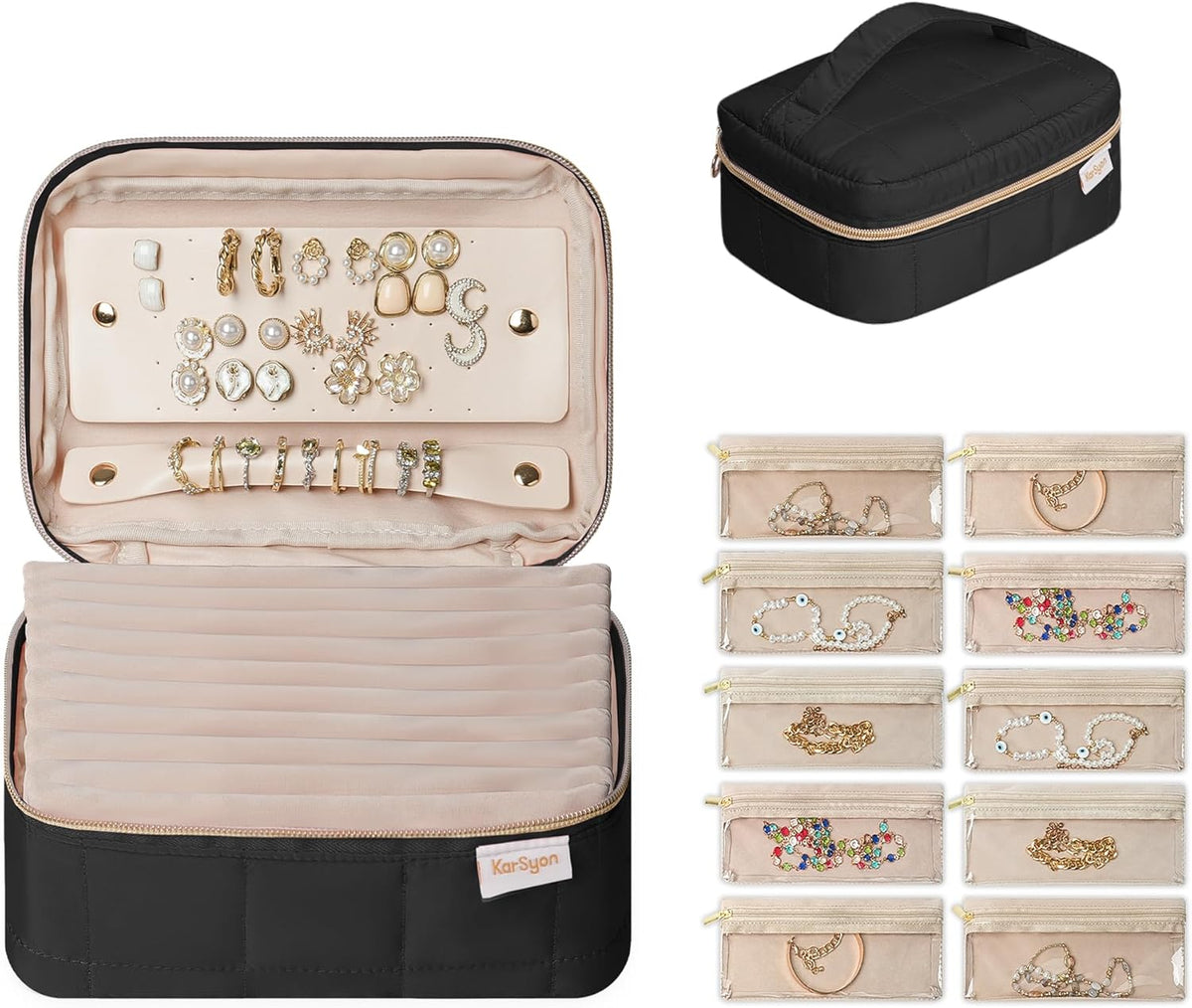 Travel Jewelry Case Organizer Jewelry Box with Velvet Pouches Mini Jewelry Organizers Storage for Women Small Cute Puffer Bags for Earrings,Rings,Necklaces,Bracelets (Beige, Large)