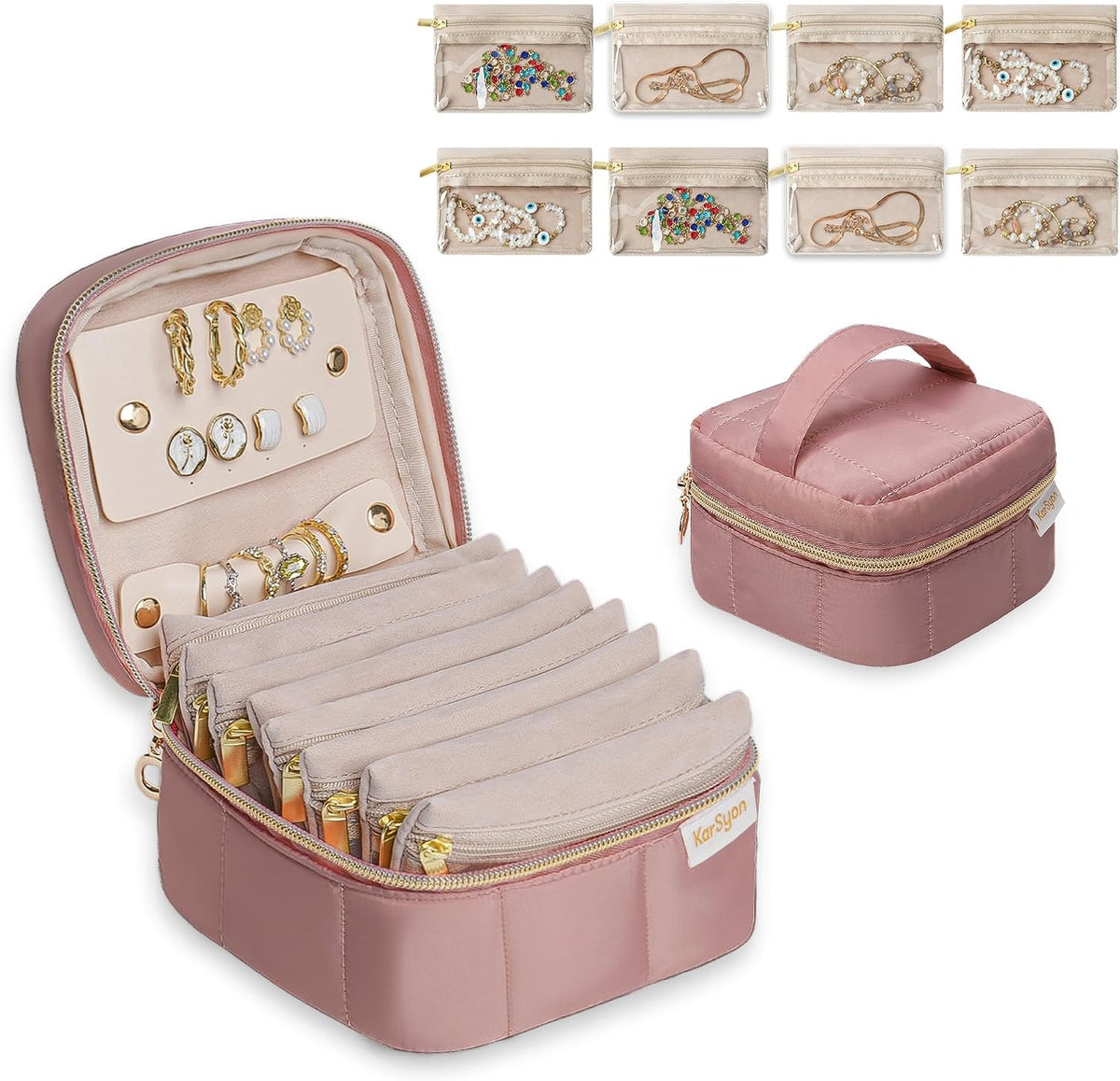 Travel Jewelry Case Organizer Jewelry Box with Velvet Pouches Mini Jewelry Organizers Storage for Women Small Cute Puffer Bags for Earrings,Rings,Necklaces,Bracelets (Beige, Large)
