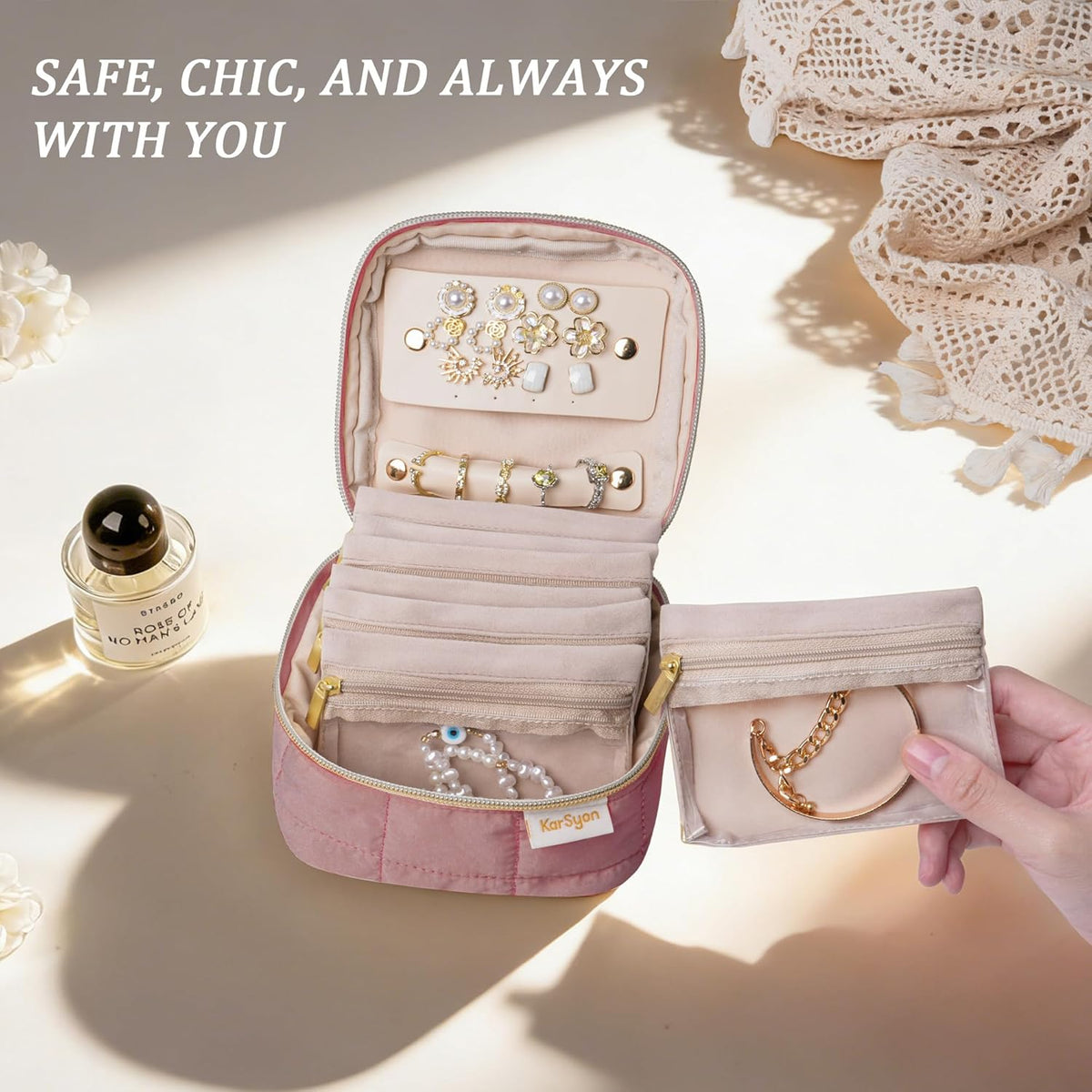 Travel Jewelry Case Organizer Jewelry Box with Velvet Pouches Mini Jewelry Organizers Storage for Women Small Cute Puffer Bags for Earrings,Rings,Necklaces,Bracelets (Beige, Large)