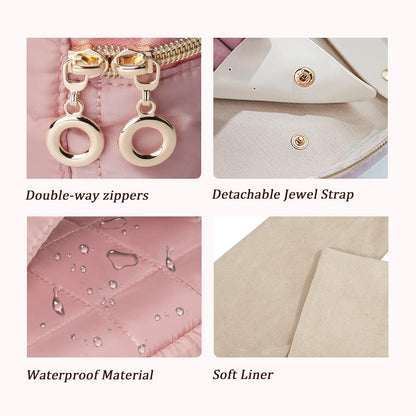 Travel Jewelry Case Organizer Jewelry Box with Velvet Pouches Mini Jewelry Organizers Storage for Women Small Cute Puffer Bags for Earrings,Rings,Necklaces,Bracelets (Beige, Large)