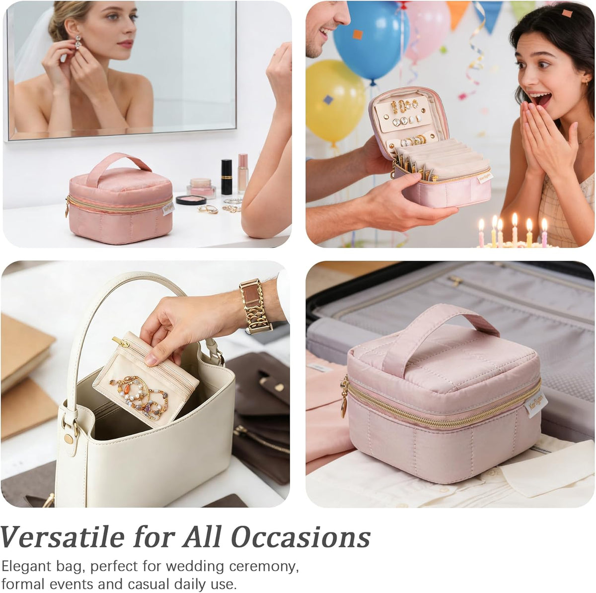 Travel Jewelry Case Organizer Jewelry Box with Velvet Pouches Mini Jewelry Organizers Storage for Women Small Cute Puffer Bags for Earrings,Rings,Necklaces,Bracelets (Beige, Large)
