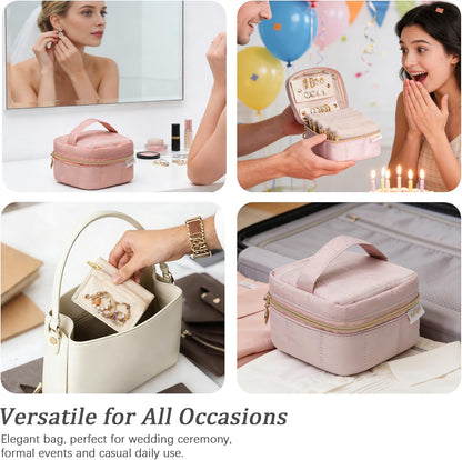 Travel Jewelry Case Organizer Jewelry Box with Velvet Pouches Mini Jewelry Organizers Storage for Women Small Cute Puffer Bags for Earrings,Rings,Necklaces,Bracelets (Beige, Large)