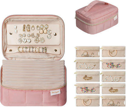 Travel Jewelry Case Organizer Jewelry Box with Velvet Pouches Mini Jewelry Organizers Storage for Women Small Cute Puffer Bags for Earrings,Rings,Necklaces,Bracelets (Beige, Large)