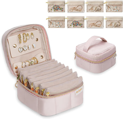 Travel Jewelry Case Organizer Jewelry Box with Velvet Pouches Mini Jewelry Organizers Storage for Women Small Cute Puffer Bags for Earrings,Rings,Necklaces,Bracelets (Beige, Large)
