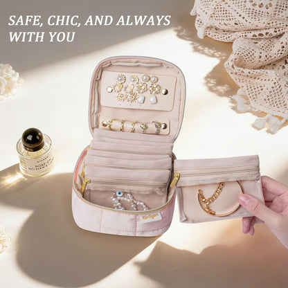 Travel Jewelry Case Organizer Jewelry Box with Velvet Pouches Mini Jewelry Organizers Storage for Women Small Cute Puffer Bags for Earrings,Rings,Necklaces,Bracelets (Beige, Large)