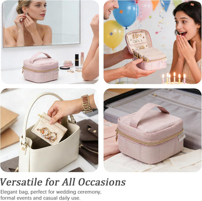 Travel Jewelry Case Organizer Jewelry Box with Velvet Pouches Mini Jewelry Organizers Storage for Women Small Cute Puffer Bags for Earrings,Rings,Necklaces,Bracelets (Beige, Large)