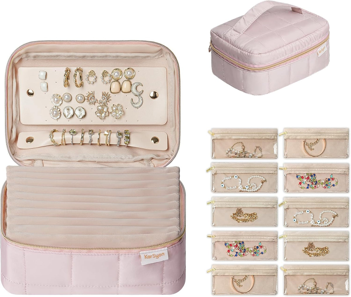Travel Jewelry Case Organizer Jewelry Box with Velvet Pouches Mini Jewelry Organizers Storage for Women Small Cute Puffer Bags for Earrings,Rings,Necklaces,Bracelets (Beige, Large)
