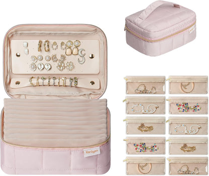 Travel Jewelry Case Organizer Jewelry Box with Velvet Pouches Mini Jewelry Organizers Storage for Women Small Cute Puffer Bags for Earrings,Rings,Necklaces,Bracelets (Beige, Large)
