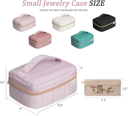 Travel Jewelry Case Organizer Jewelry Box with Velvet Pouches Mini Jewelry Organizers Storage for Women Small Cute Puffer Bags for Earrings,Rings,Necklaces,Bracelets (Beige, Large)