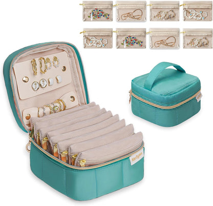 Travel Jewelry Case Organizer Jewelry Box with Velvet Pouches Mini Jewelry Organizers Storage for Women Small Cute Puffer Bags for Earrings,Rings,Necklaces,Bracelets (Beige, Large)