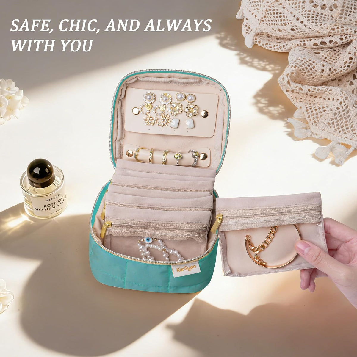 Travel Jewelry Case Organizer Jewelry Box with Velvet Pouches Mini Jewelry Organizers Storage for Women Small Cute Puffer Bags for Earrings,Rings,Necklaces,Bracelets (Beige, Large)