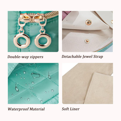 Travel Jewelry Case Organizer Jewelry Box with Velvet Pouches Mini Jewelry Organizers Storage for Women Small Cute Puffer Bags for Earrings,Rings,Necklaces,Bracelets (Beige, Large)