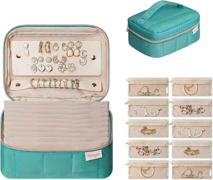 Travel Jewelry Case Organizer Jewelry Box with Velvet Pouches Mini Jewelry Organizers Storage for Women Small Cute Puffer Bags for Earrings,Rings,Necklaces,Bracelets (Beige, Large)