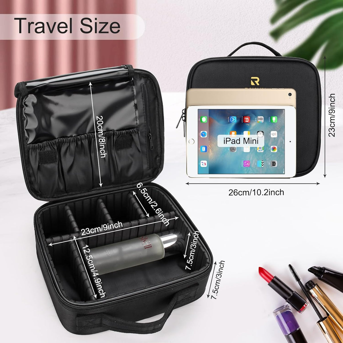 Travel Makeup Train Case Cosmetic Case Organizer Portable Artist Storage Bag with Adjustable Dividers for Cosmetics Makeup Brushes Toiletry Jewelry Digital Accessories