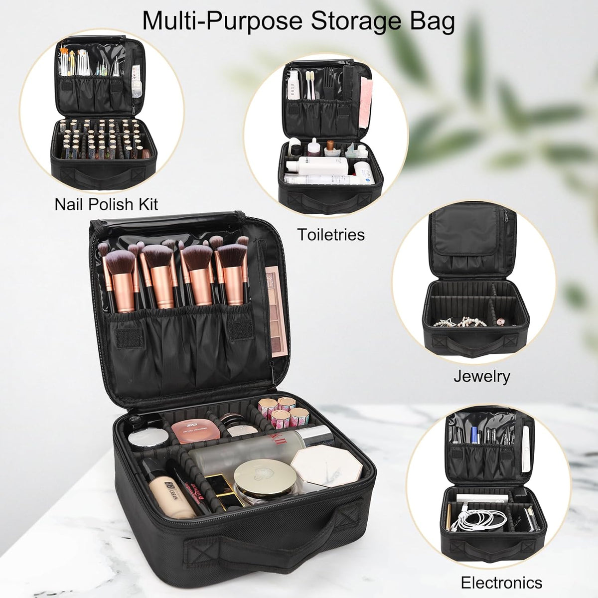 Travel Makeup Train Case Cosmetic Case Organizer Portable Artist Storage Bag with Adjustable Dividers for Cosmetics Makeup Brushes Toiletry Jewelry Digital Accessories