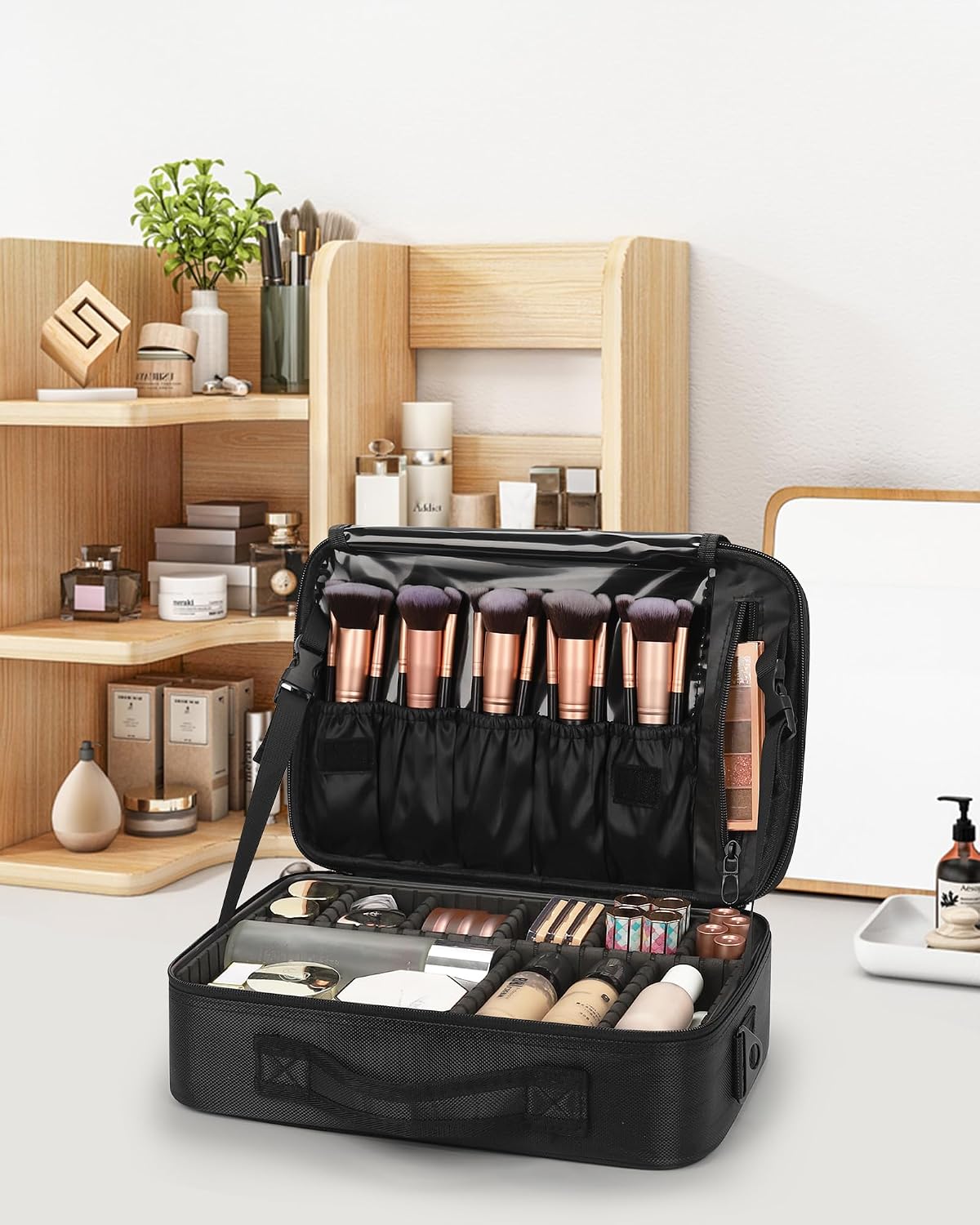Travel Makeup Train Case Cosmetic Case Organizer Portable Artist Storage Bag with Adjustable Dividers for Cosmetics Makeup Brushes Toiletry Jewelry Digital Accessories