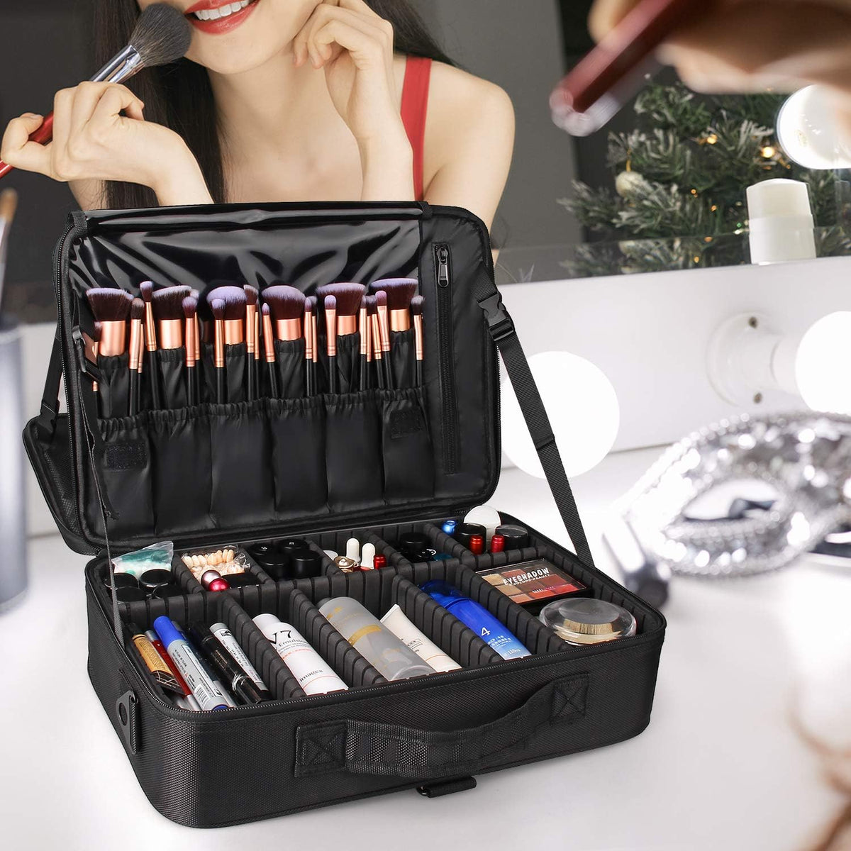 Travel Makeup Train Case Cosmetic Case Organizer Portable Artist Storage Bag with Adjustable Dividers for Cosmetics Makeup Brushes Toiletry Jewelry Digital Accessories