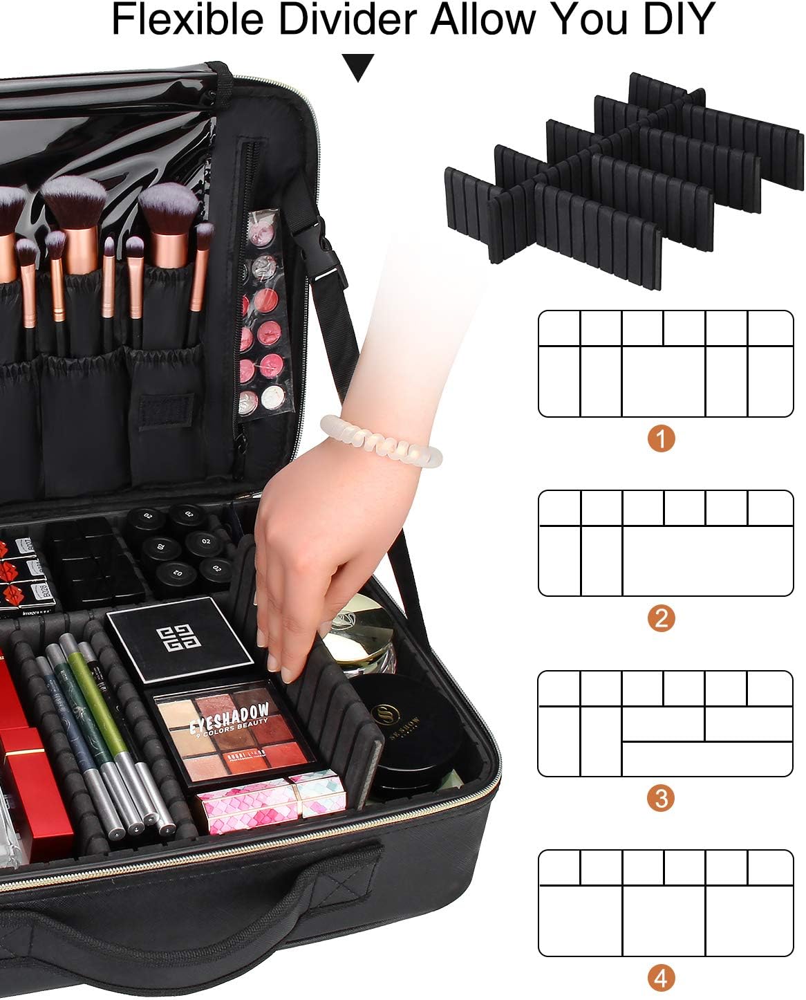 Travel Makeup Train Case Cosmetic Case Organizer Portable Artist Storage Bag with Adjustable Dividers for Cosmetics Makeup Brushes Toiletry Jewelry Digital Accessories