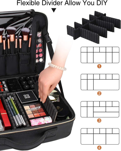 Travel Makeup Train Case Cosmetic Case Organizer Portable Artist Storage Bag with Adjustable Dividers for Cosmetics Makeup Brushes Toiletry Jewelry Digital Accessories