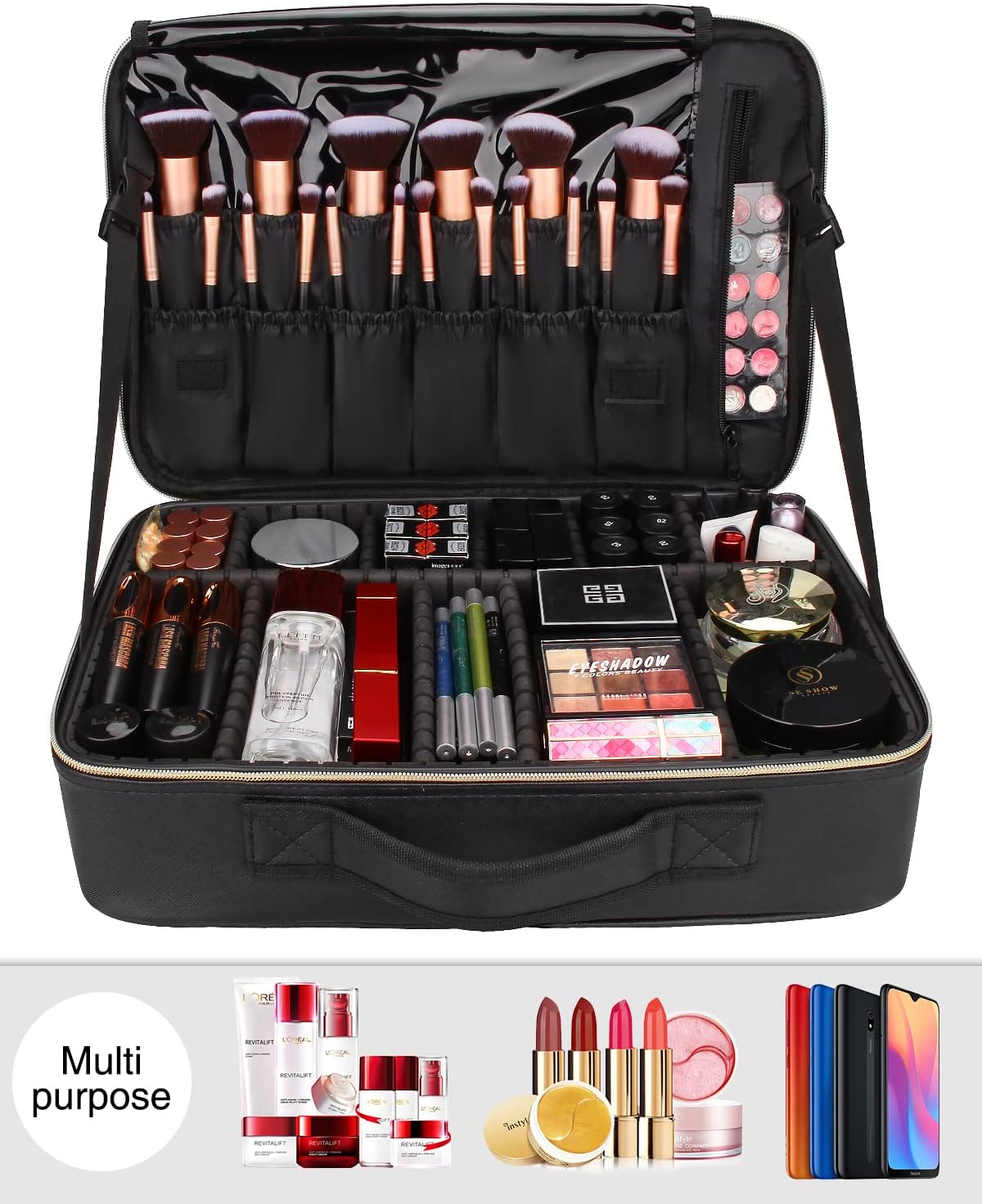 Travel Makeup Train Case Cosmetic Case Organizer Portable Artist Storage Bag with Adjustable Dividers for Cosmetics Makeup Brushes Toiletry Jewelry Digital Accessories