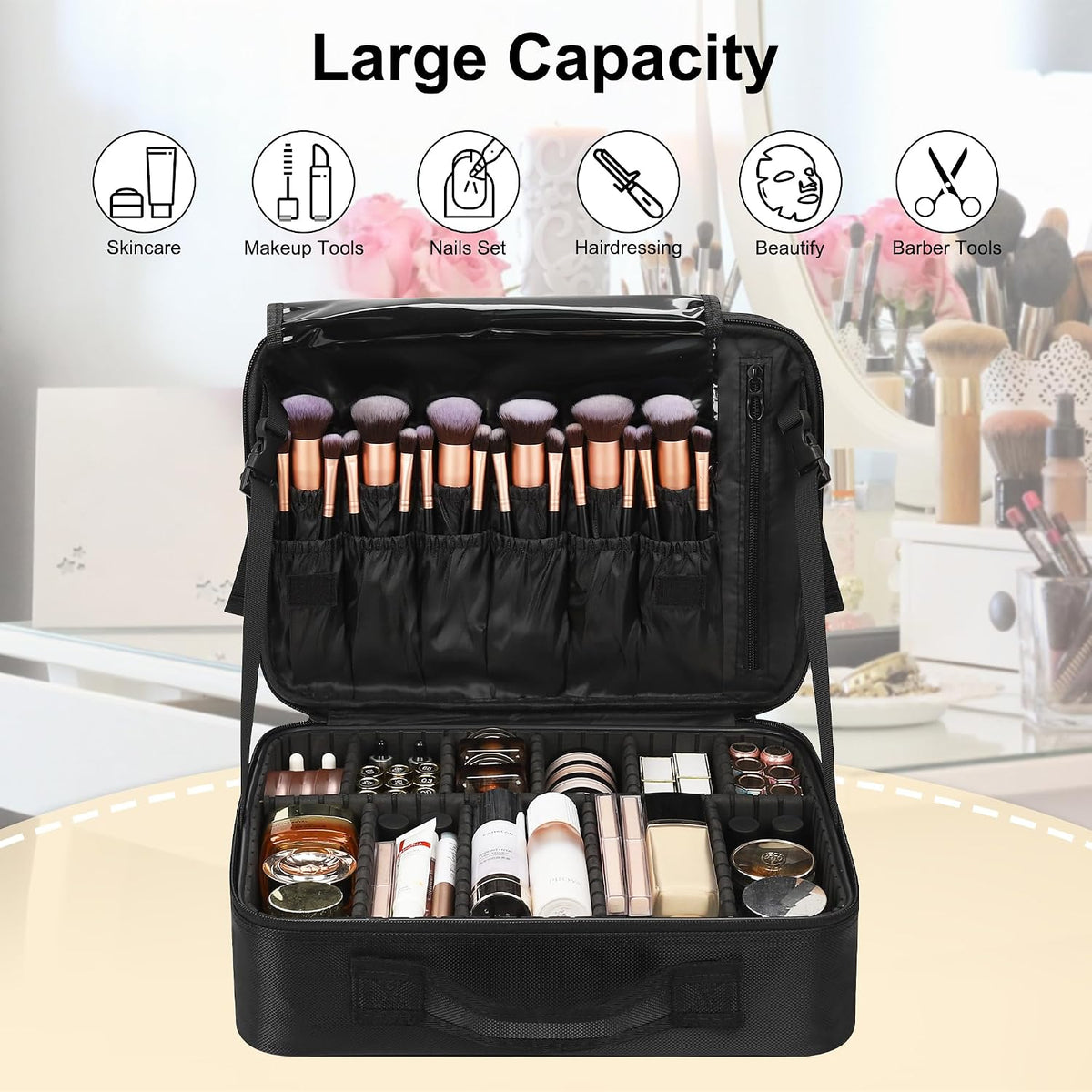 Travel Makeup Train Case Cosmetic Case Organizer Portable Artist Storage Bag with Adjustable Dividers for Cosmetics Makeup Brushes Toiletry Jewelry Digital Accessories