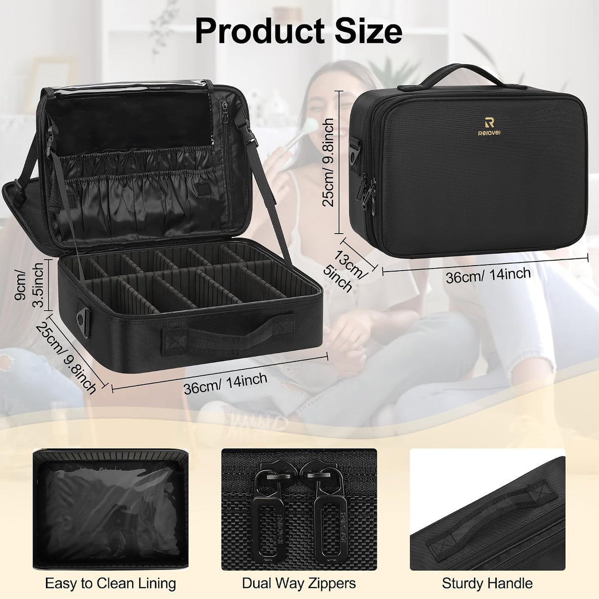 Travel Makeup Train Case Cosmetic Case Organizer Portable Artist Storage Bag with Adjustable Dividers for Cosmetics Makeup Brushes Toiletry Jewelry Digital Accessories