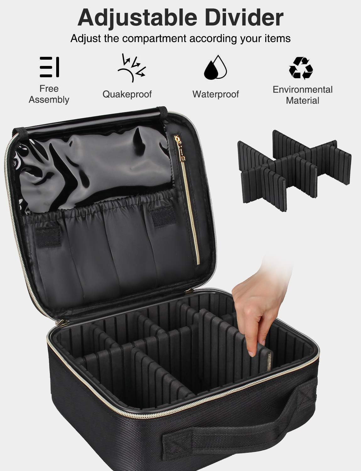 Travel Makeup Train Case Cosmetic Case Organizer Portable Artist Storage Bag with Adjustable Dividers for Cosmetics Makeup Brushes Toiletry Jewelry Digital Accessories