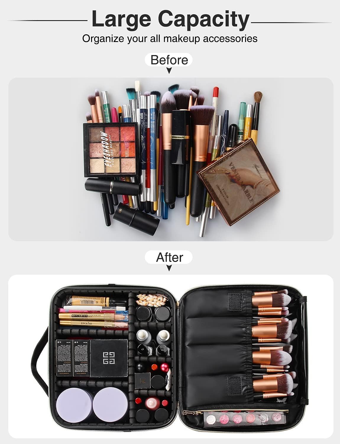 Travel Makeup Train Case Cosmetic Case Organizer Portable Artist Storage Bag with Adjustable Dividers for Cosmetics Makeup Brushes Toiletry Jewelry Digital Accessories