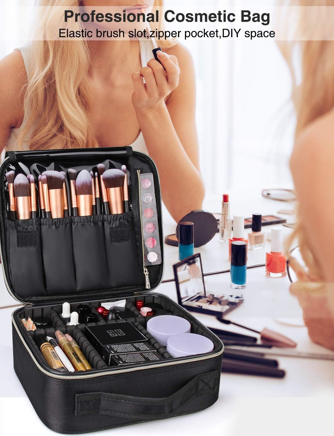 Travel Makeup Train Case Cosmetic Case Organizer Portable Artist Storage Bag with Adjustable Dividers for Cosmetics Makeup Brushes Toiletry Jewelry Digital Accessories