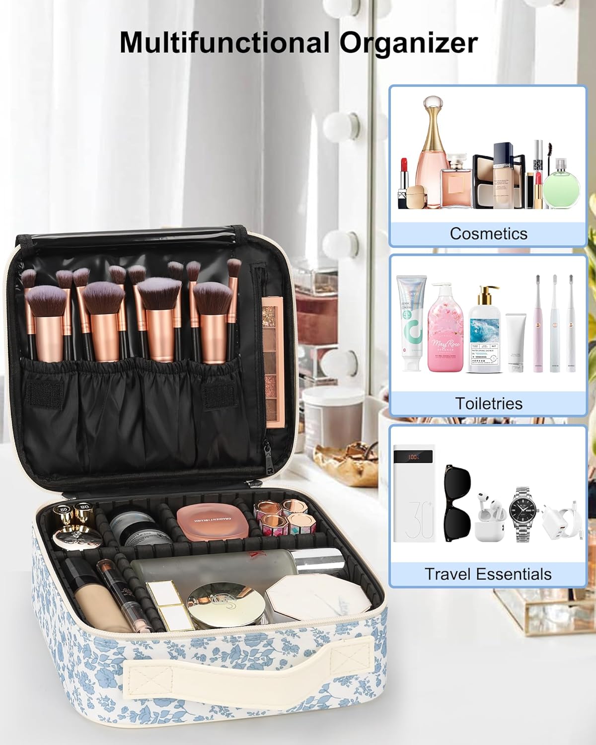 Travel Makeup Train Case Cosmetic Case Organizer Portable Artist Storage Bag with Adjustable Dividers for Cosmetics Makeup Brushes Toiletry Jewelry Digital Accessories