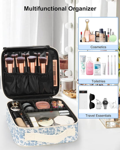 Travel Makeup Train Case Cosmetic Case Organizer Portable Artist Storage Bag with Adjustable Dividers for Cosmetics Makeup Brushes Toiletry Jewelry Digital Accessories