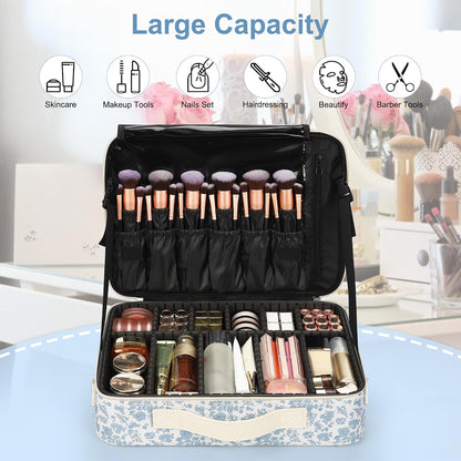 Travel Makeup Train Case Cosmetic Case Organizer Portable Artist Storage Bag with Adjustable Dividers for Cosmetics Makeup Brushes Toiletry Jewelry Digital Accessories