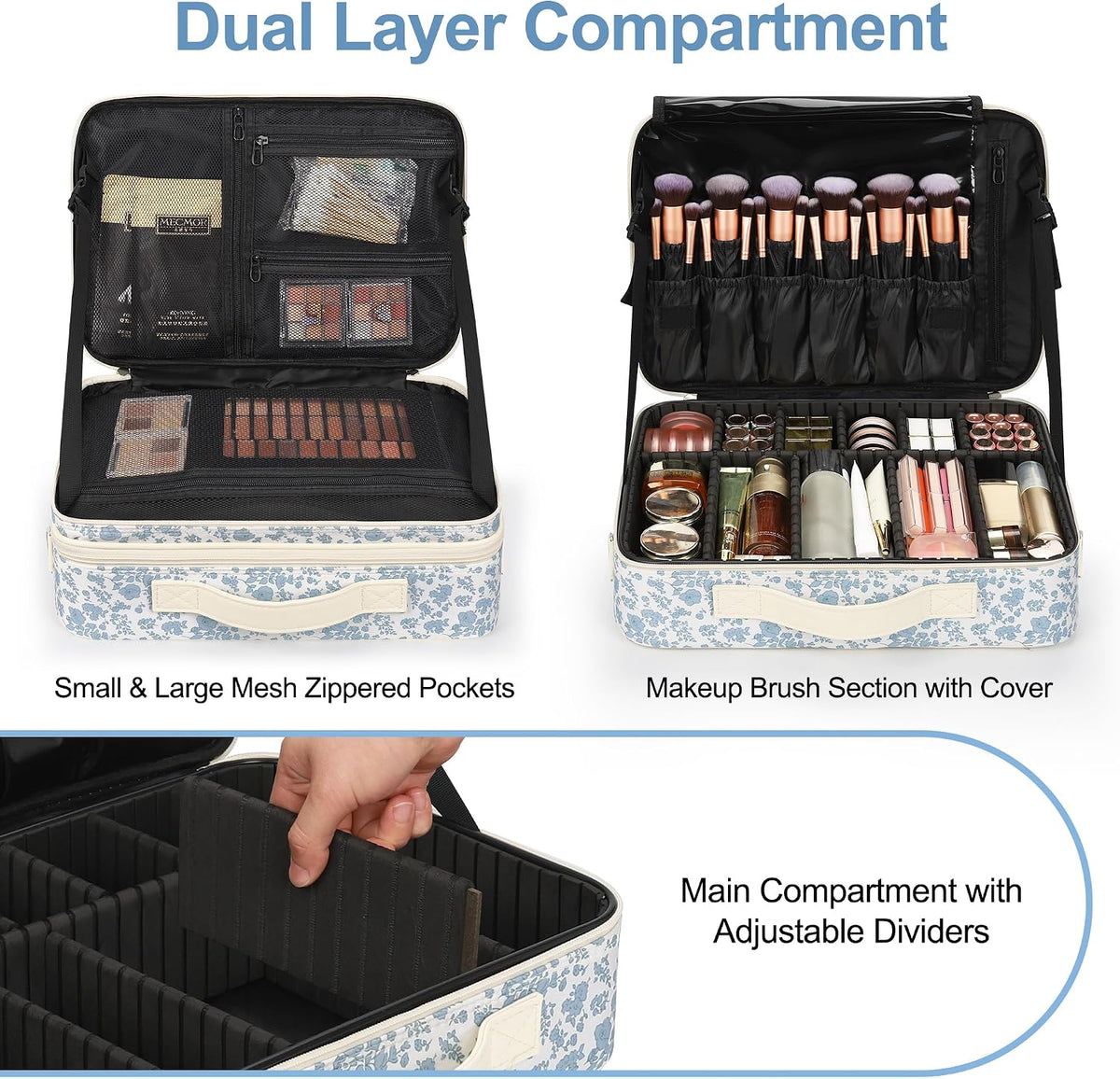 Travel Makeup Train Case Cosmetic Case Organizer Portable Artist Storage Bag with Adjustable Dividers for Cosmetics Makeup Brushes Toiletry Jewelry Digital Accessories