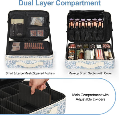 Travel Makeup Train Case Cosmetic Case Organizer Portable Artist Storage Bag with Adjustable Dividers for Cosmetics Makeup Brushes Toiletry Jewelry Digital Accessories