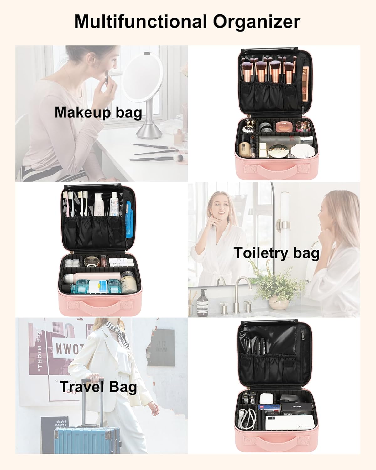 Travel Makeup Train Case Cosmetic Case Organizer Portable Artist Storage Bag with Adjustable Dividers for Cosmetics Makeup Brushes Toiletry Jewelry Digital Accessories