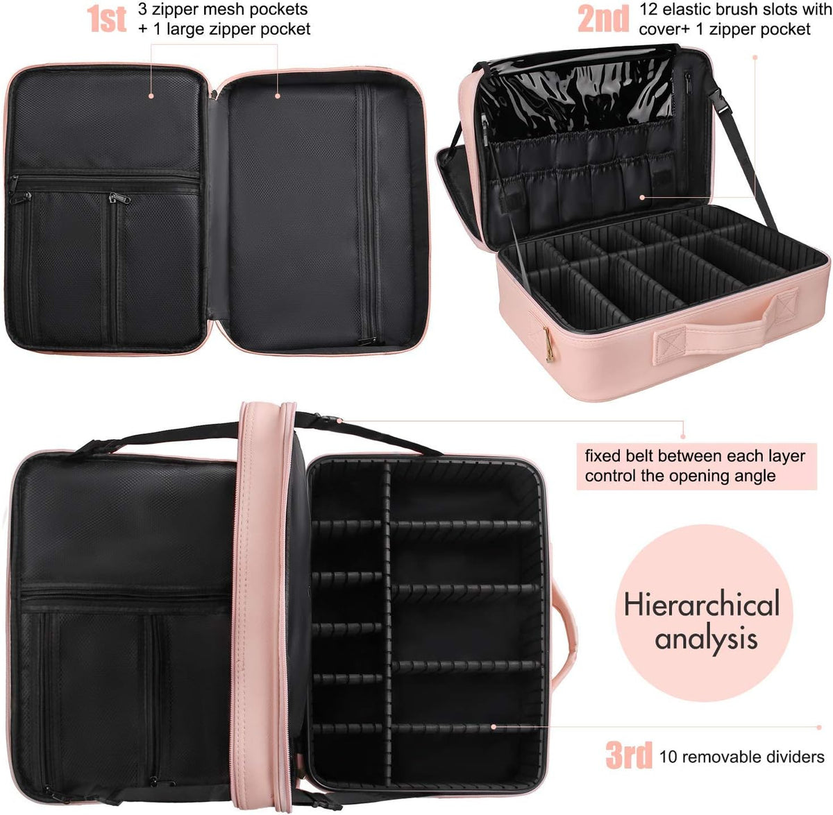 Travel Makeup Train Case Cosmetic Case Organizer Portable Artist Storage Bag with Adjustable Dividers for Cosmetics Makeup Brushes Toiletry Jewelry Digital Accessories