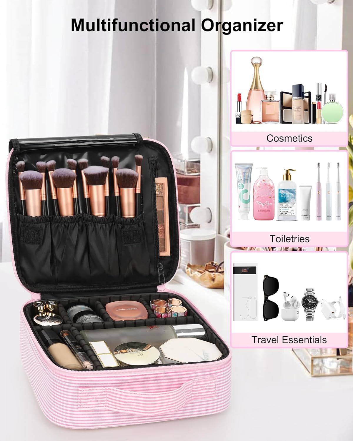 Travel Makeup Train Case Cosmetic Case Organizer Portable Artist Storage Bag with Adjustable Dividers for Cosmetics Makeup Brushes Toiletry Jewelry Digital Accessories