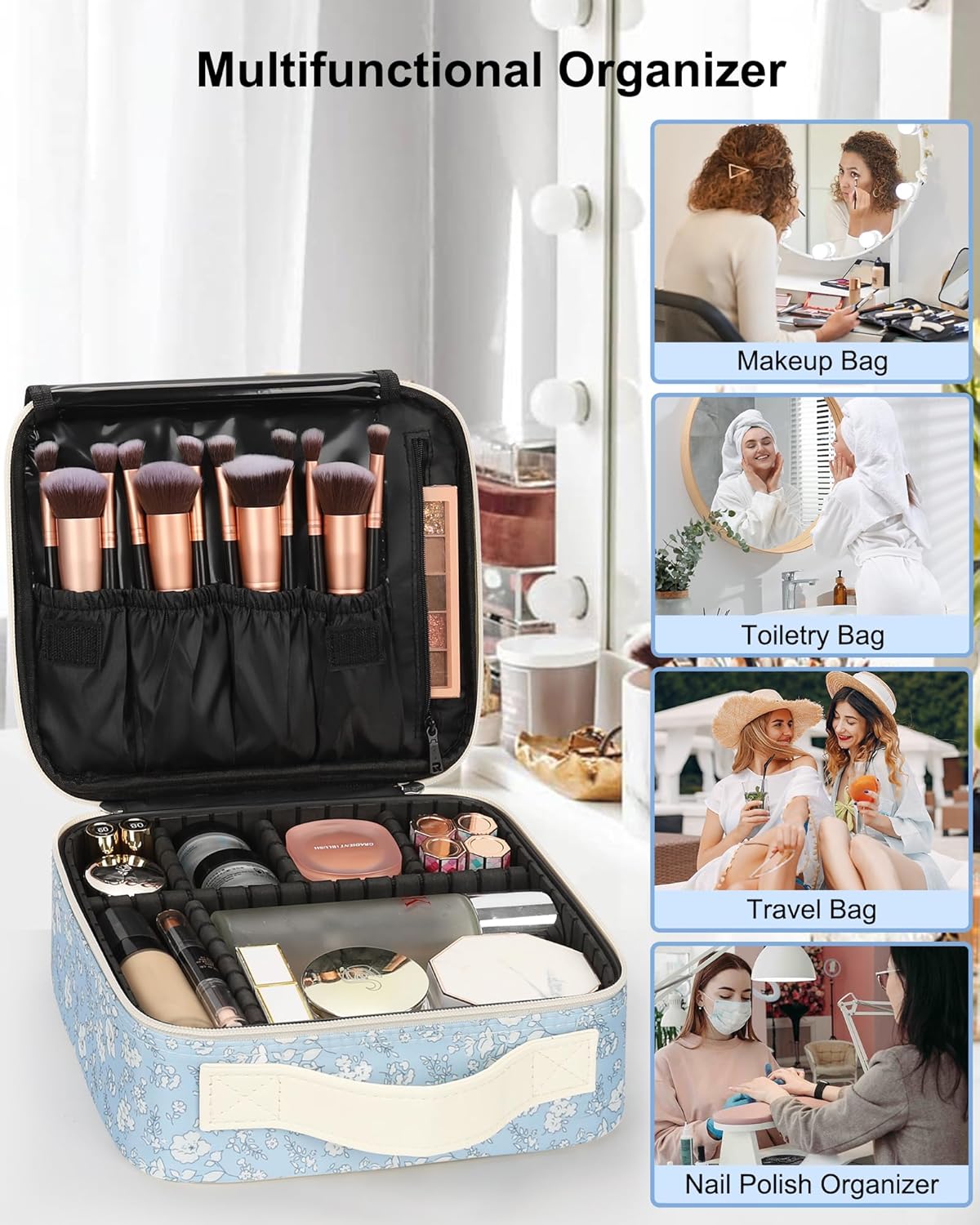 Travel Makeup Train Case Cosmetic Case Organizer Portable Artist Storage Bag with Adjustable Dividers for Cosmetics Makeup Brushes Toiletry Jewelry Digital Accessories