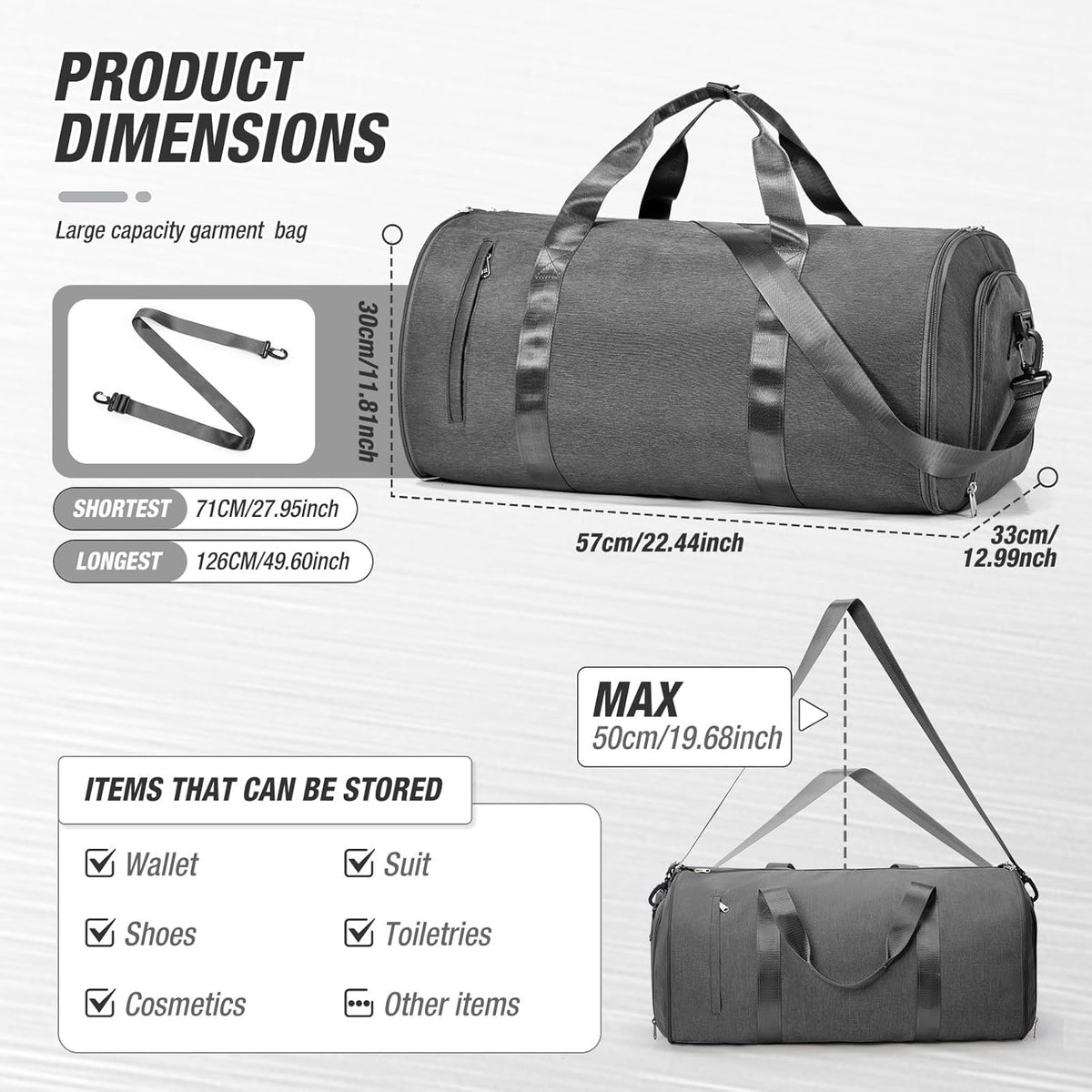 Garment Bags For Travel,Convertible Garment Bag With Shoulder Strap,Professional Carry On Duffel Bag For Men Women-2 In 1 Hanging Foldable Weekender Travel Suit Bags,Grey